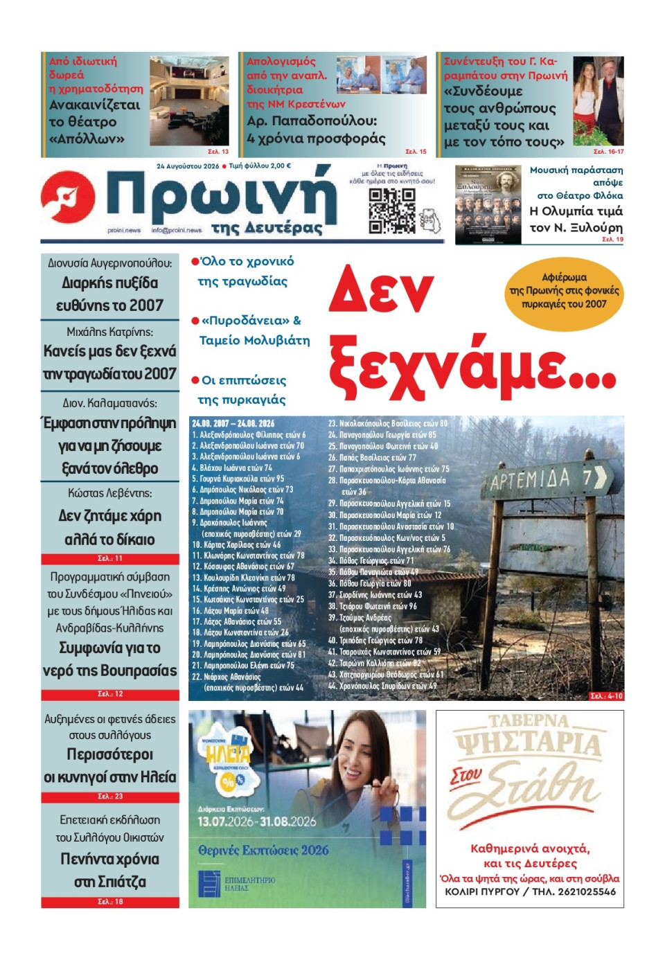 Πρωτοσέλιδο Εφημερίδας - Πρωινή Ηλείας - 2026-08-24