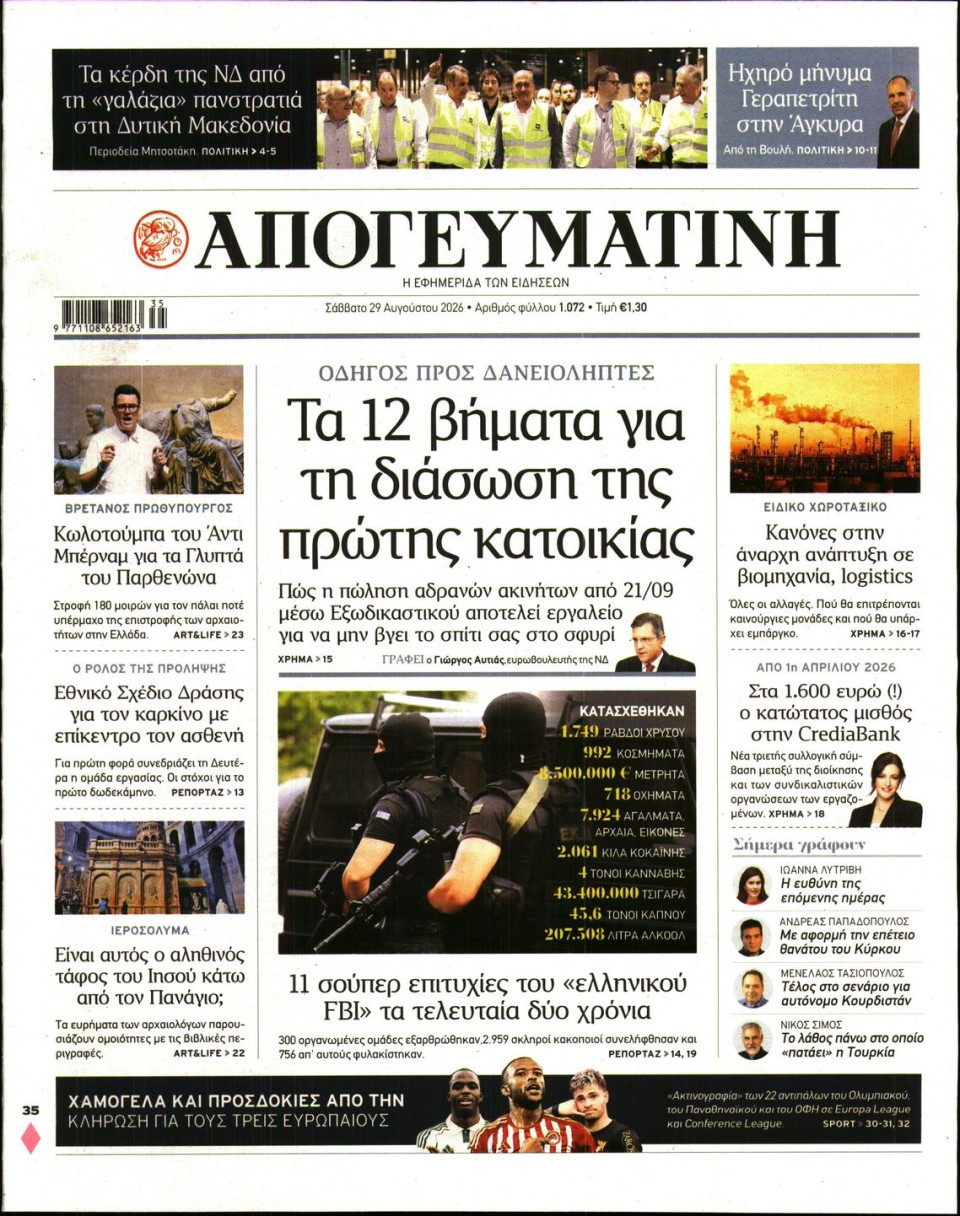 Πρωτοσέλιδο Εφημερίδας - Απογευματινή - 2026-08-29