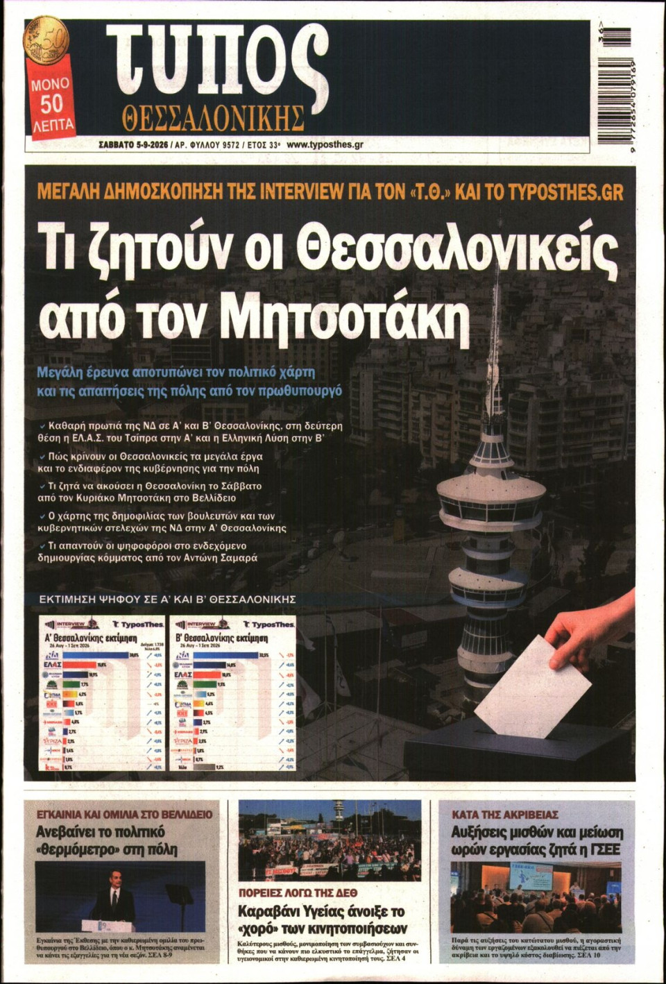 Πρωτοσέλιδο Εφημερίδας - Τύπος Θεσσαλονίκης - 2026-09-05