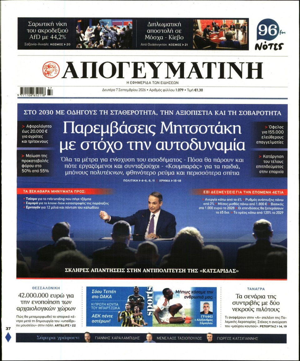 Πρωτοσέλιδο Εφημερίδας - Απογευματινή - 2026-09-07