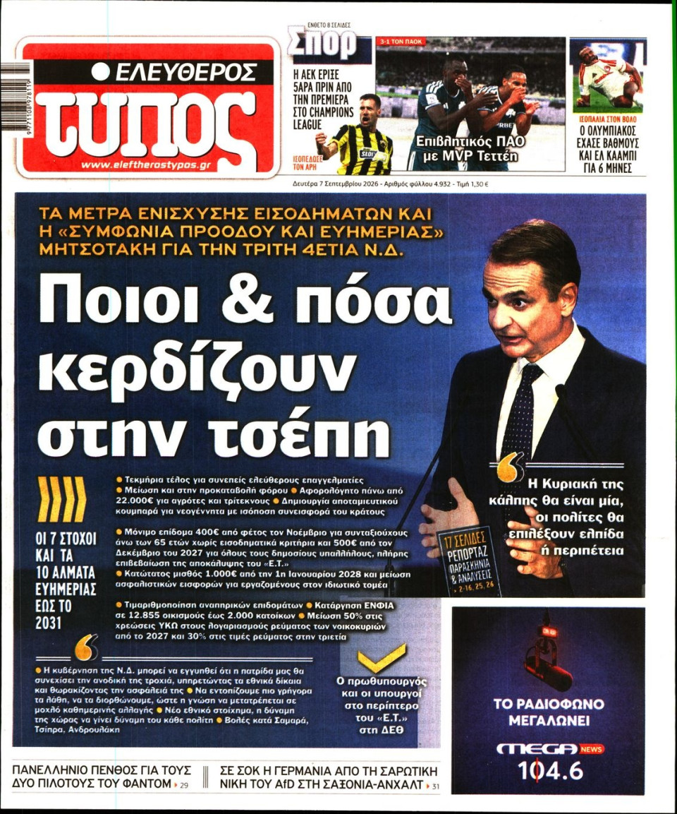 Πρωτοσέλιδο Εφημερίδας - Ελεύθερος Τύπος - 2026-09-07
