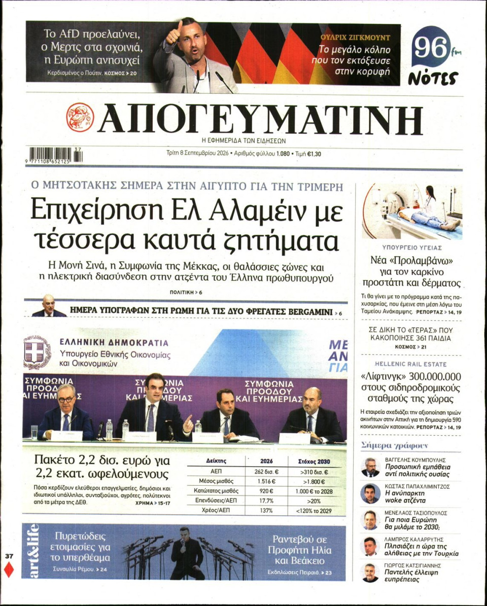 Πρωτοσέλιδο Εφημερίδας - Απογευματινή - 2026-09-08