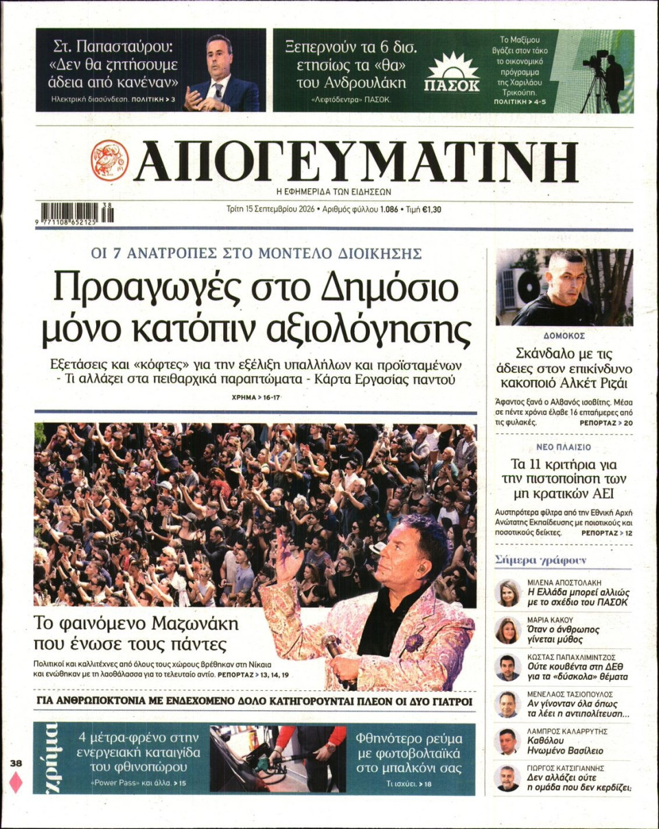 Πρωτοσέλιδο Εφημερίδας - Απογευματινή - 2026-09-15