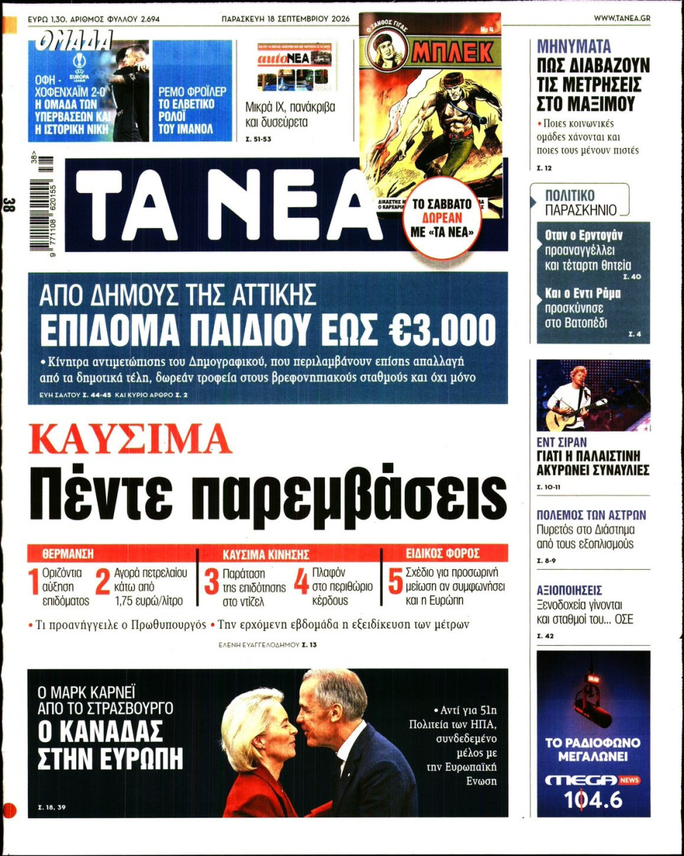 Πρωτοσέλιδο Εφημερίδας - Τα Νέα - 2026-09-18