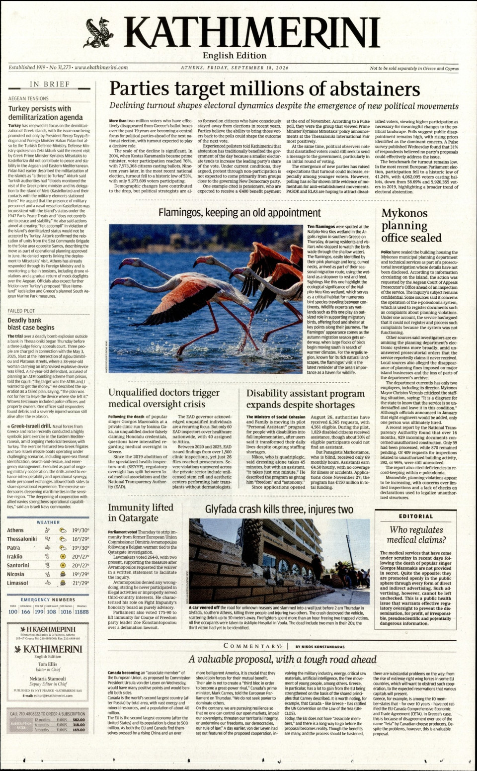 Πρωτοσέλιδο Εφημερίδας - INTERNATIONAL NEW YORK TIMES_KATHIMERINI - 2026-09-18