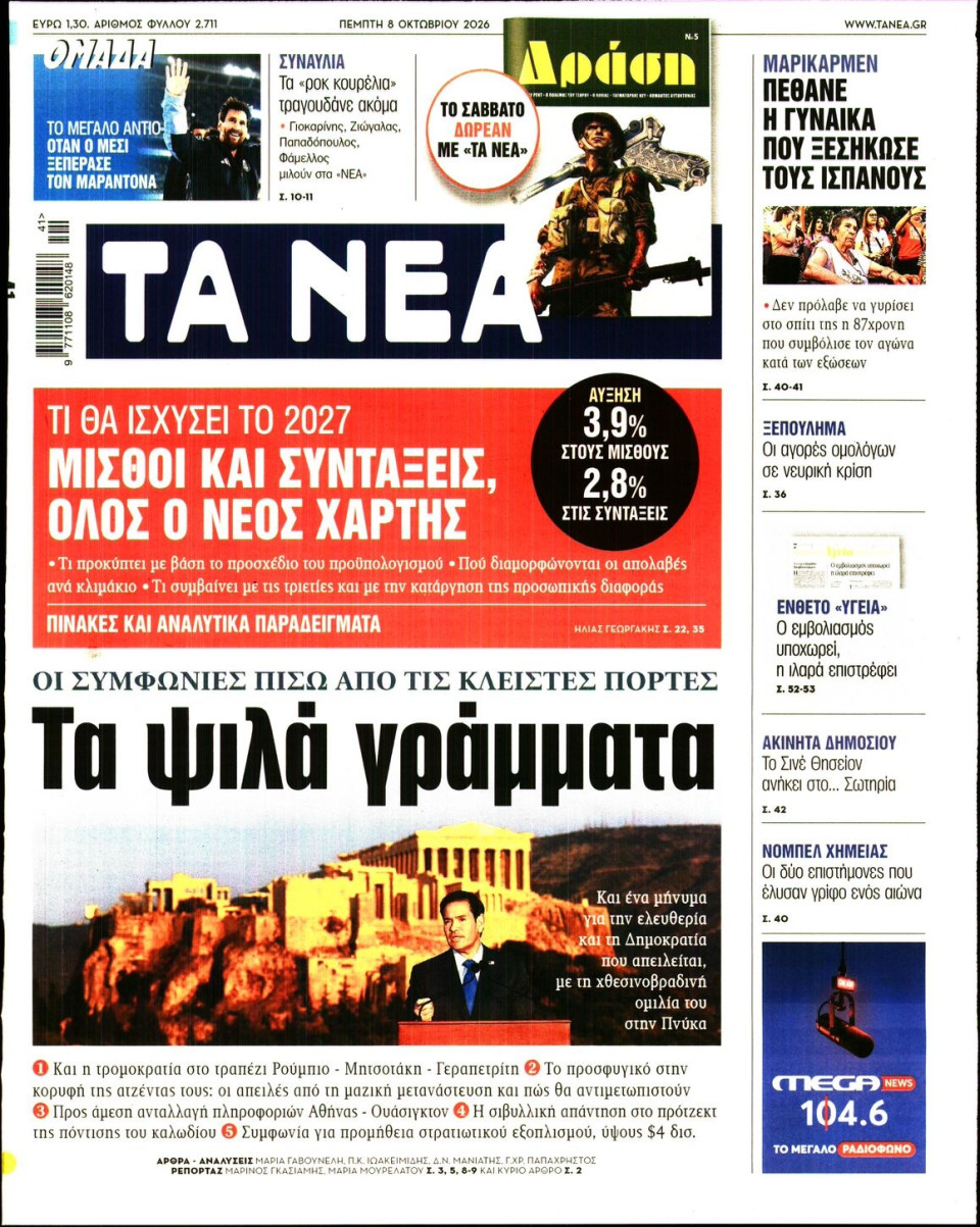 Πρωτοσέλιδο Εφημερίδας - Τα Νέα - 2026-10-08