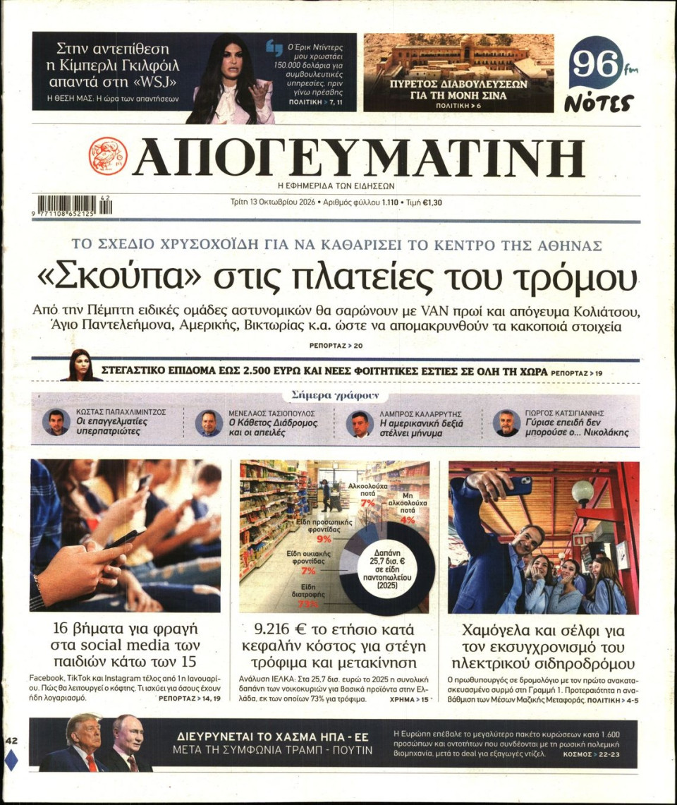 Πρωτοσέλιδο Εφημερίδας - Απογευματινή - 2026-10-13