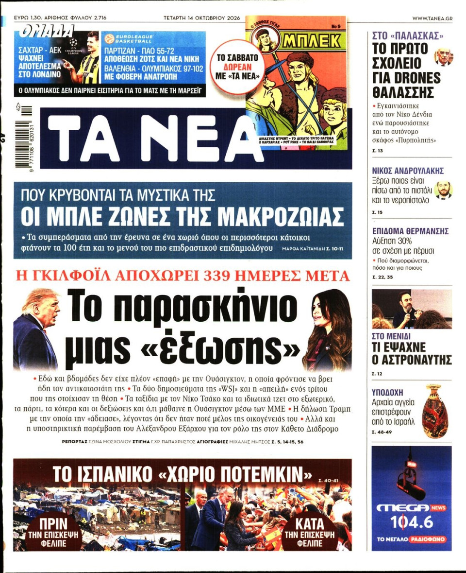 Πρωτοσέλιδο Εφημερίδας - Τα Νέα - 2026-10-14