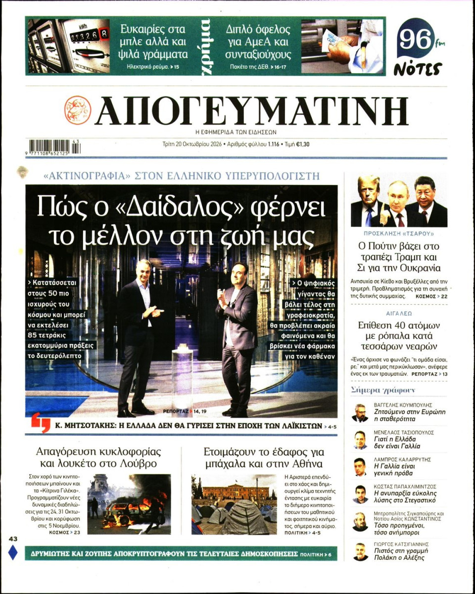 Πρωτοσέλιδο Εφημερίδας - Απογευματινή - 2026-10-20