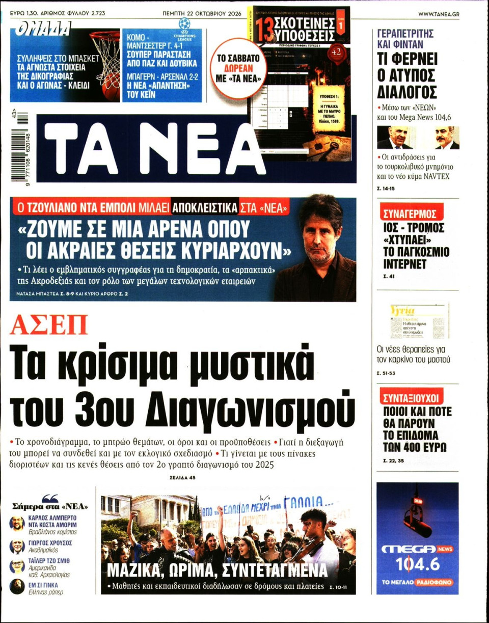 Πρωτοσέλιδο Εφημερίδας - Τα Νέα - 2026-10-22