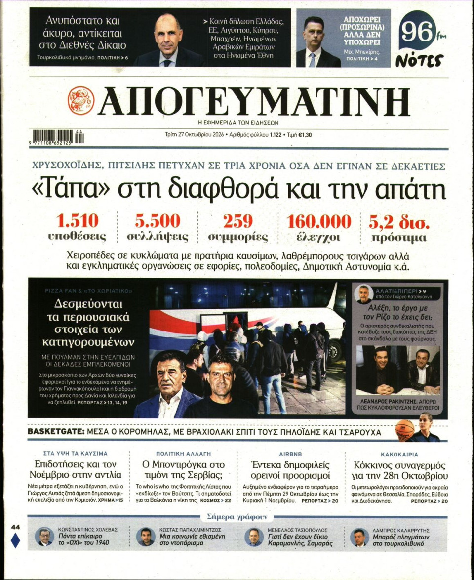 Πρωτοσέλιδο Εφημερίδας - Απογευματινή - 2026-10-27